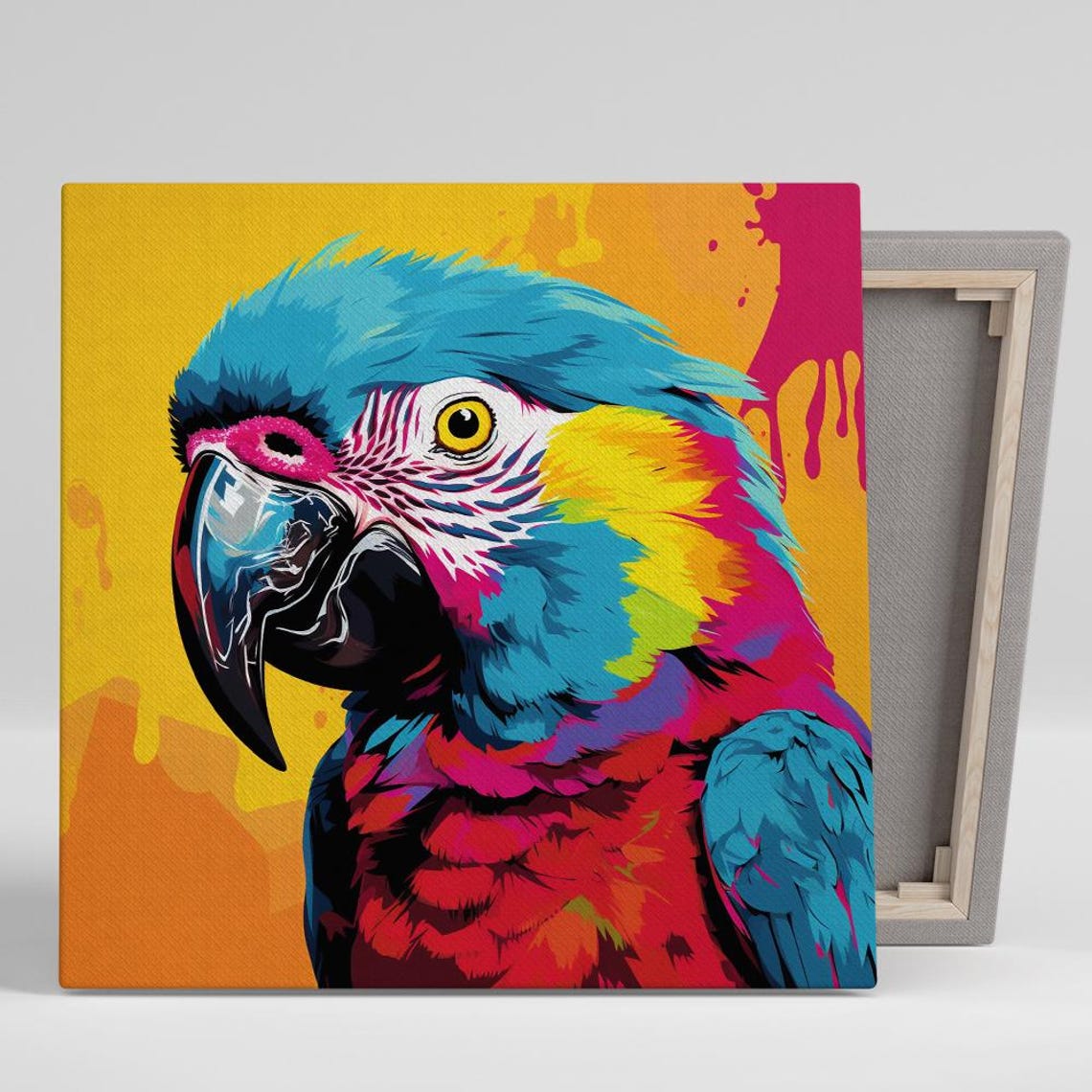 Neon Macaw Pop Art Splash Yellow Background Tropical Bird Art Poster