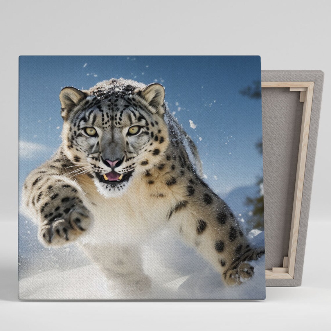 Snow Leopard Leaping Through Snow Action Wildlife Photography Art Poster