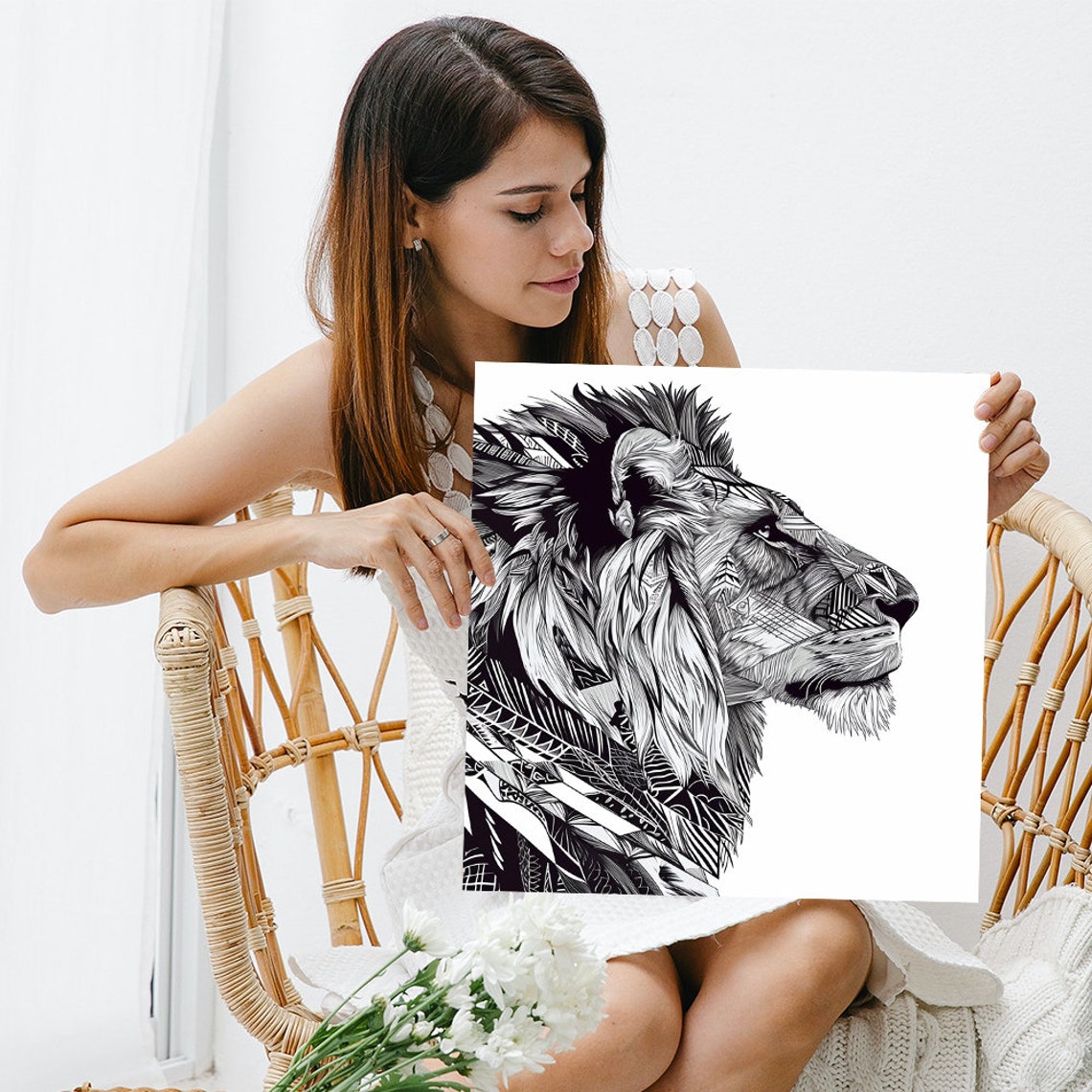 Black White Geometric Line Art Lion Head Profile Wildlife Wall Poster - Image 3