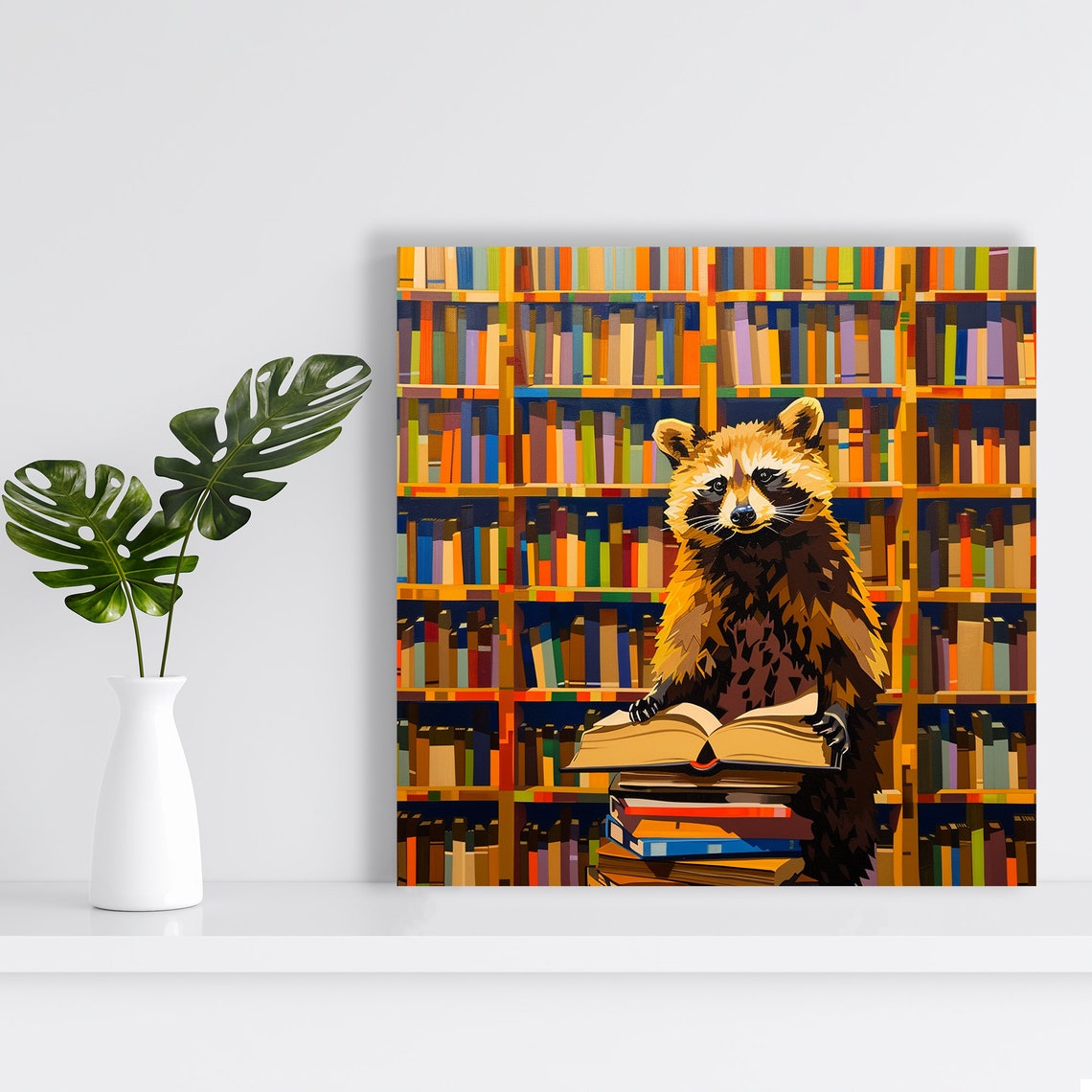 Raccoon Reading Stack of Books Library Lover Home Decor Poster - Image 2