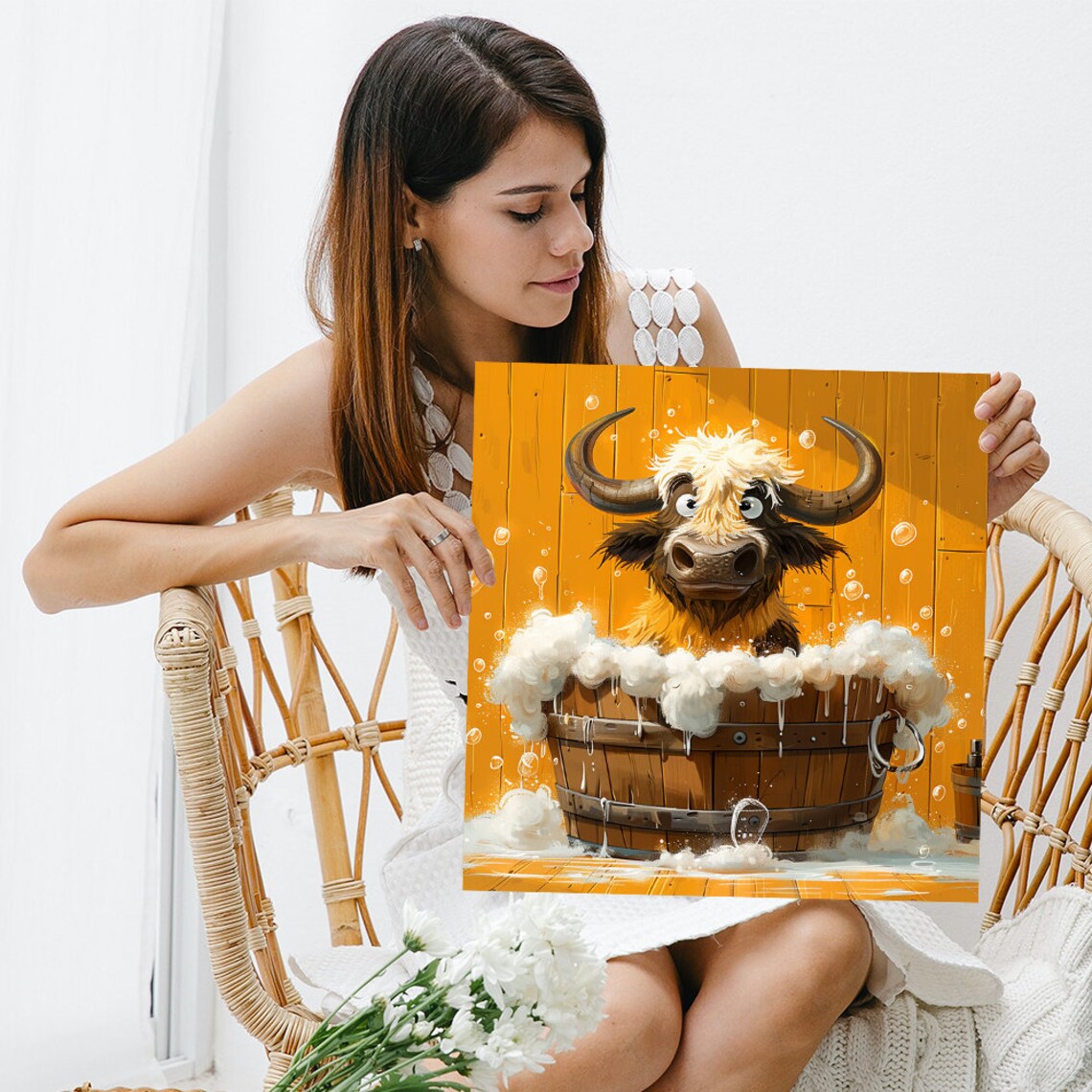 Highland Cow Bath Time Bubbly Wooden Tub Cute Cartoon Whimsical Poster - Image 3