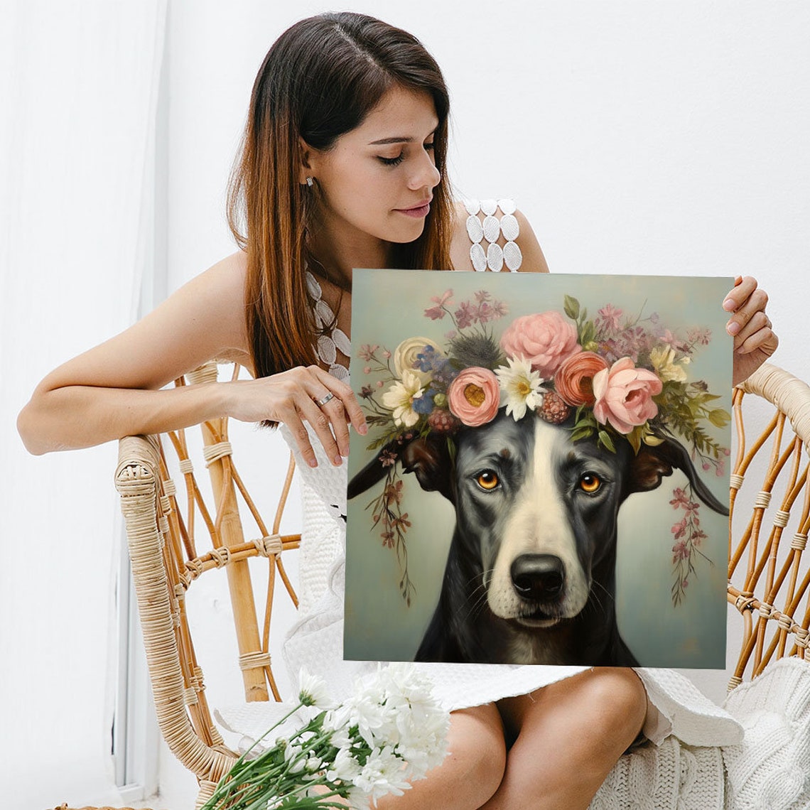 Floral Dog Wall Art Or Poster Dog Artwork Dog With Flower Art Floral Dog Animal Art Whimsical Wall Art Pet Lovers - Image 3