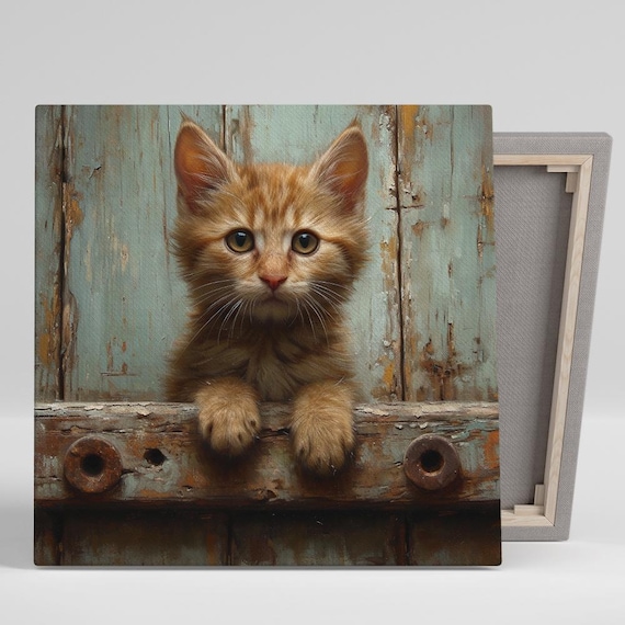 Curious Kitten Peekaboo Rustic Whimsical Art Print