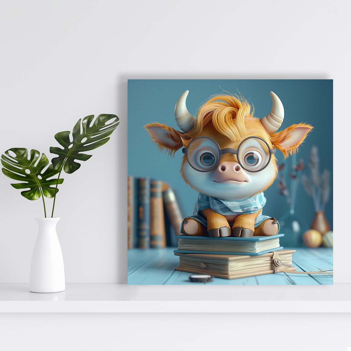 Studious Baby Cow Glasses Scarf Sitting On Books Cute Library Poster - Image 2