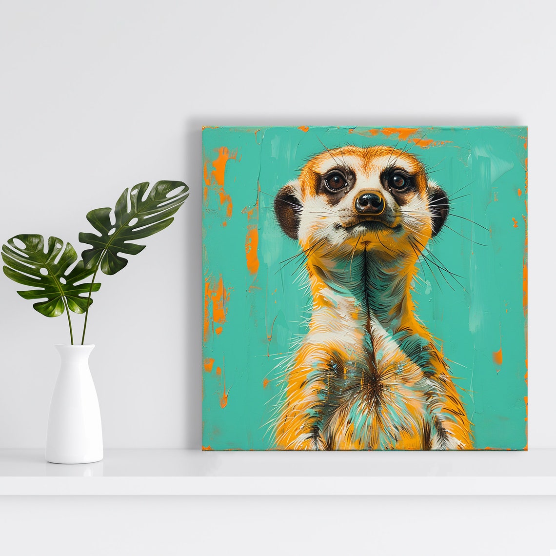 Curious Meerkat Portrait Turquoise Orange Splash Painterly Wall Poster - Image 2