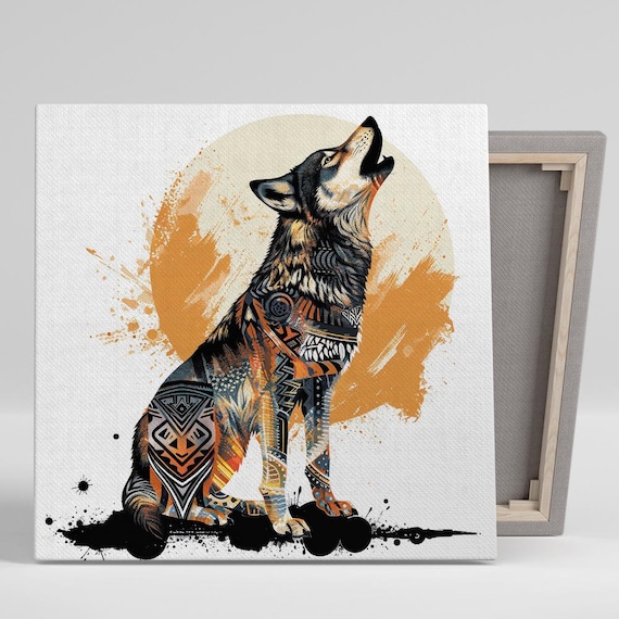 Howling Wolf Tribal Pattern Orange Moon Boho Spirit Animal Art Poster
