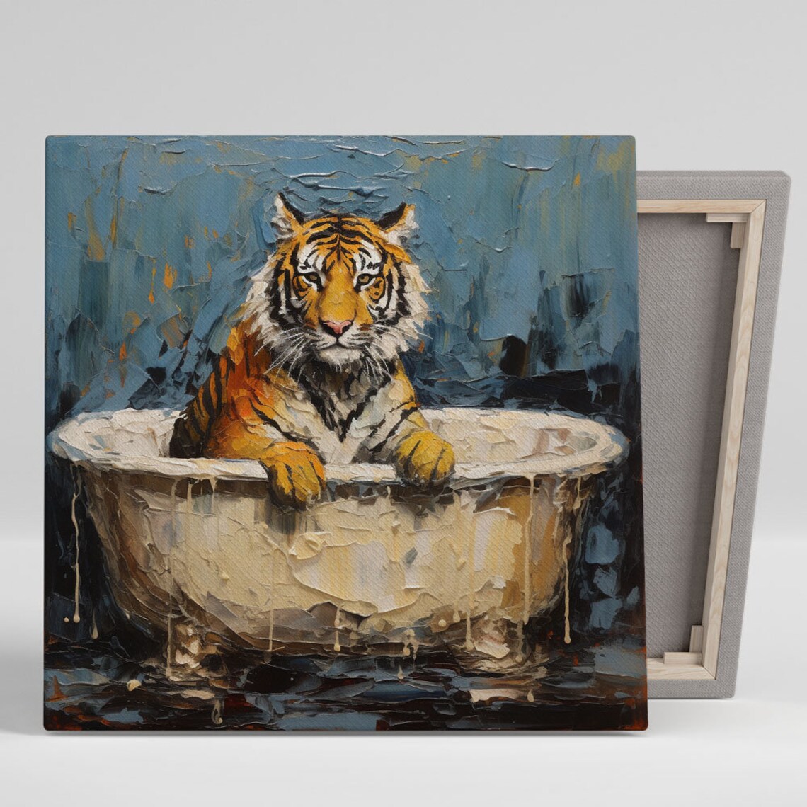 Tiger In Bathtub Impasto Oil Painting Blue Playful Wildlife Art Poster