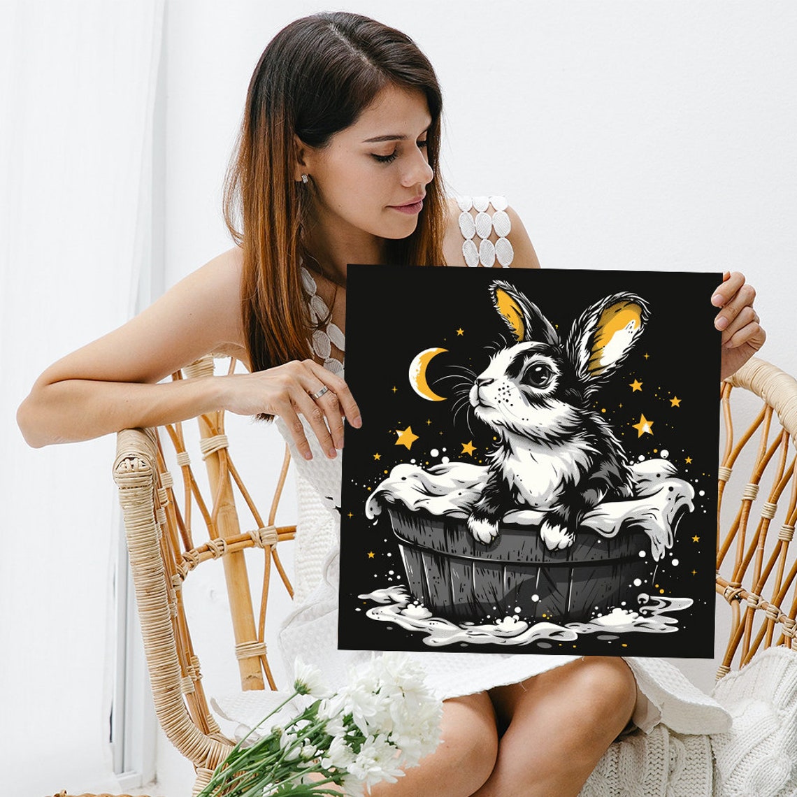 Bunny Bath Time Under Starry Night Moon Tub Animal Wall Art Poster - Image 3