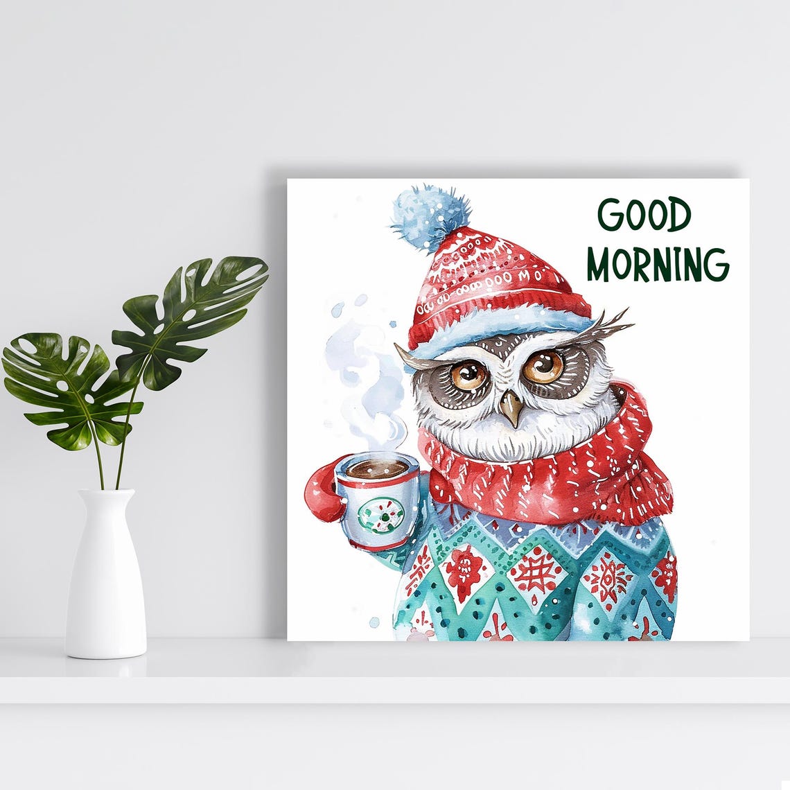 Cozy Winter Owl With Coffee Good Morning Watercolor Art Poster - Image 2