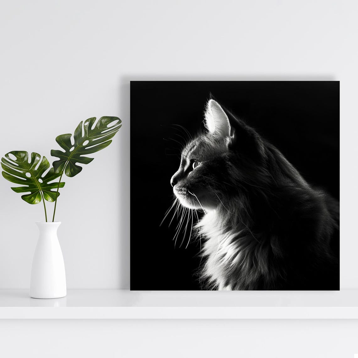 Dramatic Black White Cat Silhouette Profile Dark Wall Art Poster - Image 2