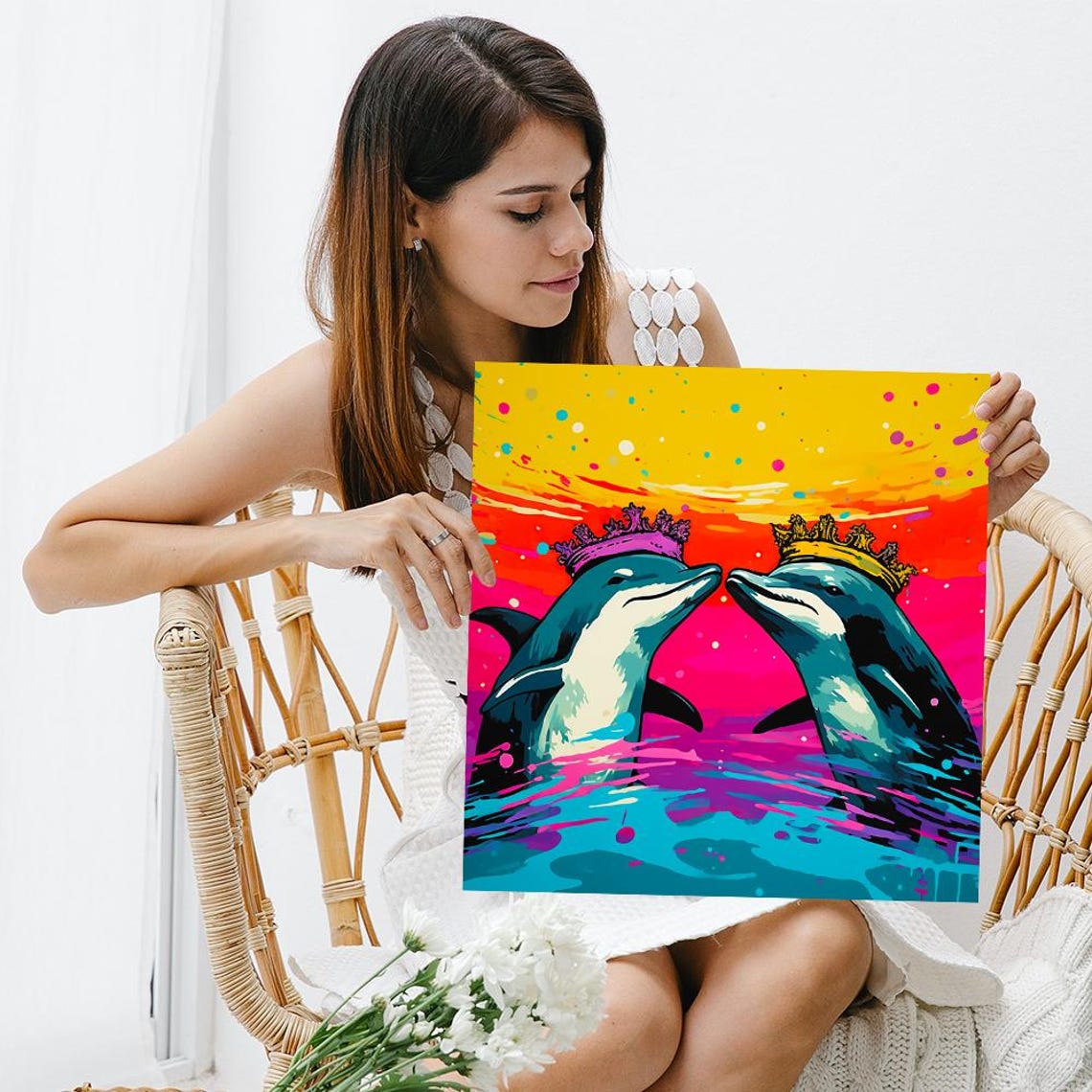Royal Crowned Dolphins Kissing Colorful Sunset Pop Art Animal Poster - Image 3