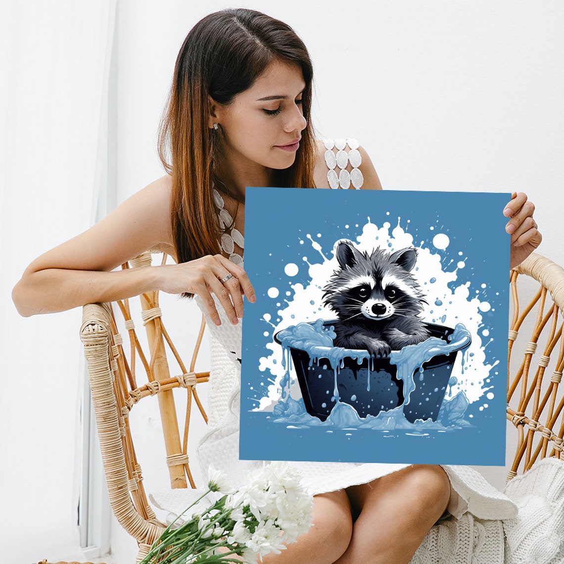 Raccoon Bath Time Splashy Blue Bathroom Funny Animal Wall Art Print - Image 3