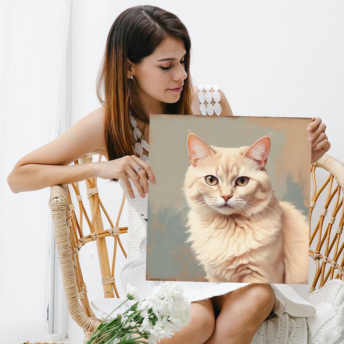 Cream Cat Portrait Golden Eyes Painterly Realism Soft Muted Wall Art Poster - Image 3