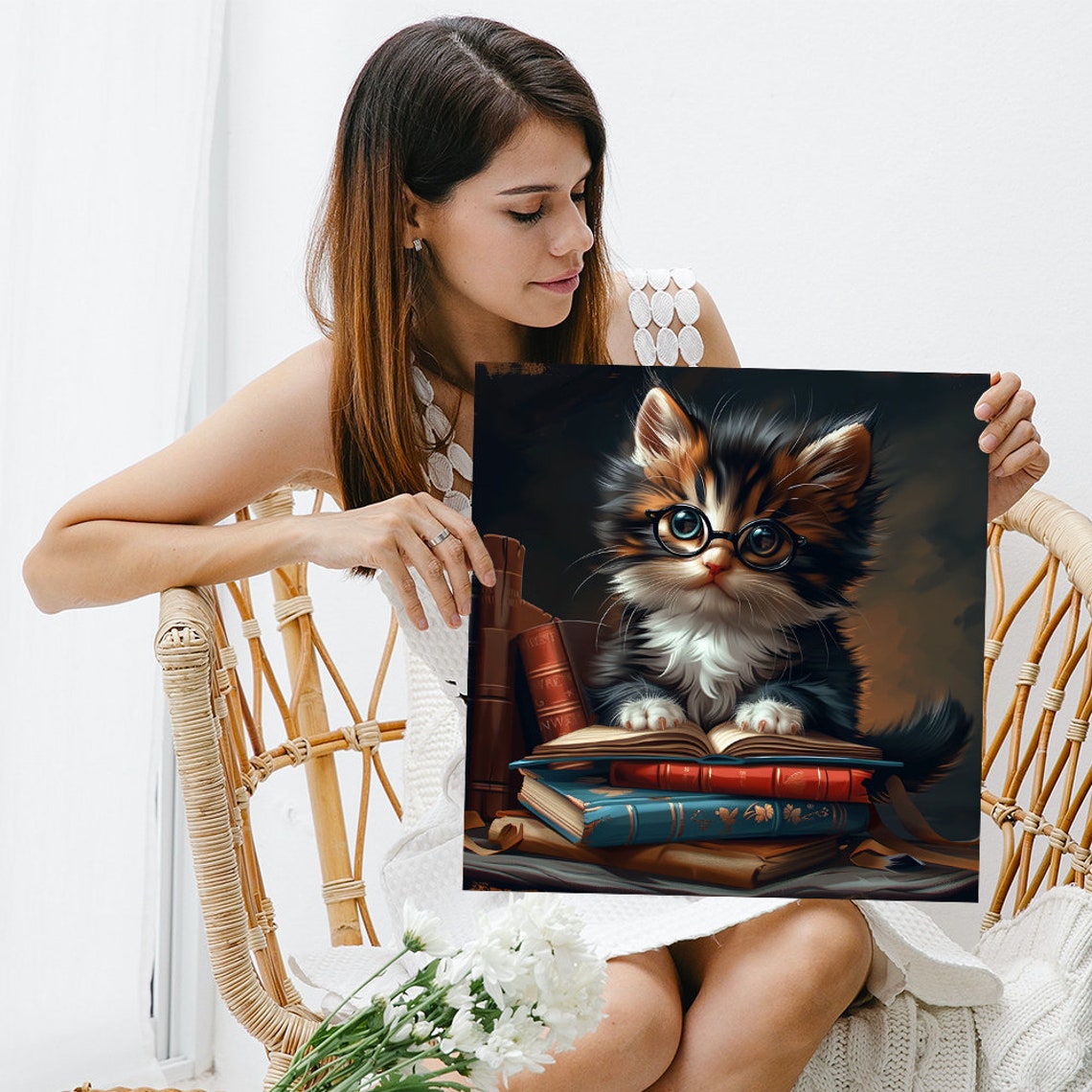 Studious Kitten Wearing Glasses Stacked Books Library Cute Wall Poster - Image 3