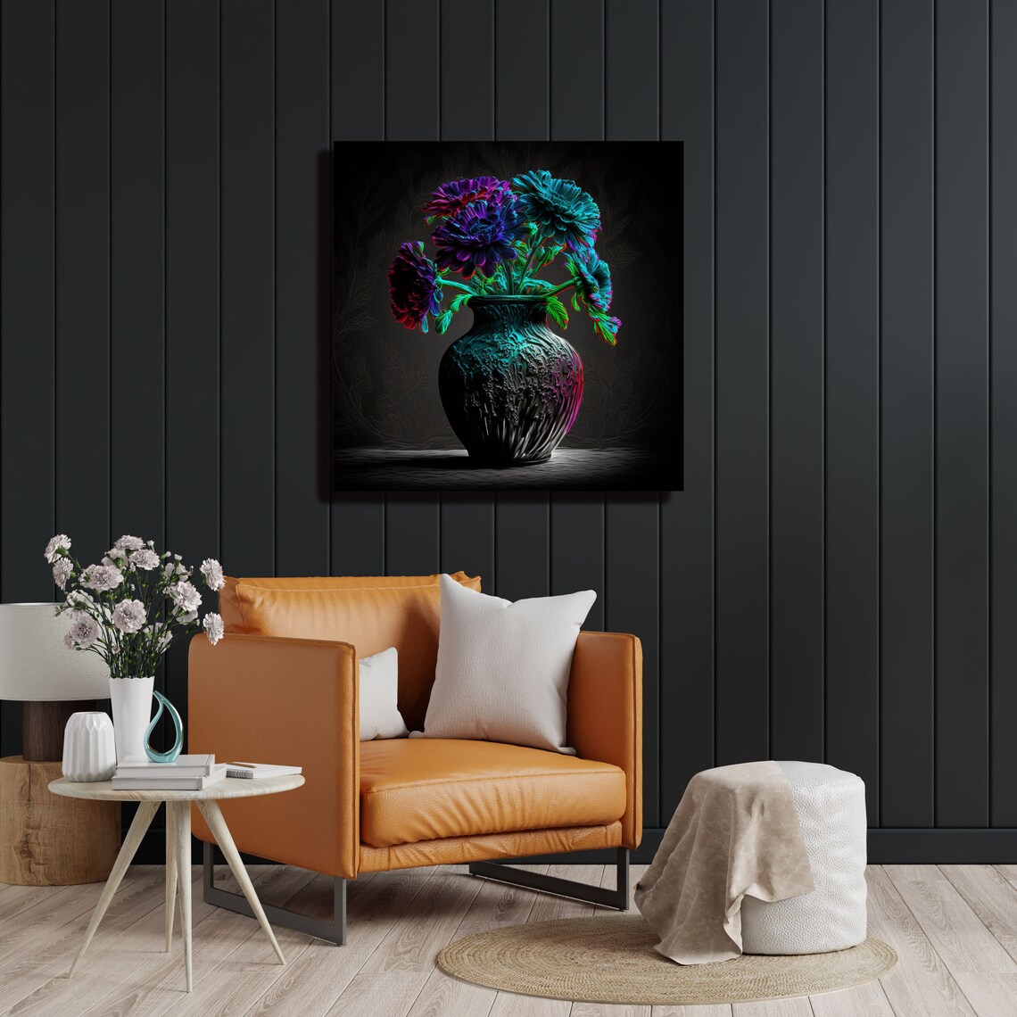 Teal Black Dahlia Flowers In Dark Vase Neon Moody Still Life Poster - Image 3
