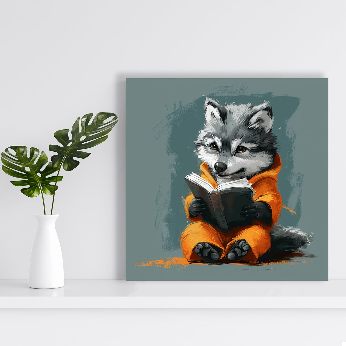Baby Wolf Reading Book Orange Pajamas Cute Woodland Wall Poster - Image 2