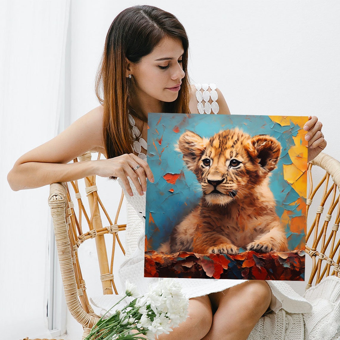 Adorable Baby Lion Cub Painted Peeling Paint Turquoise Art Poster - Image 3