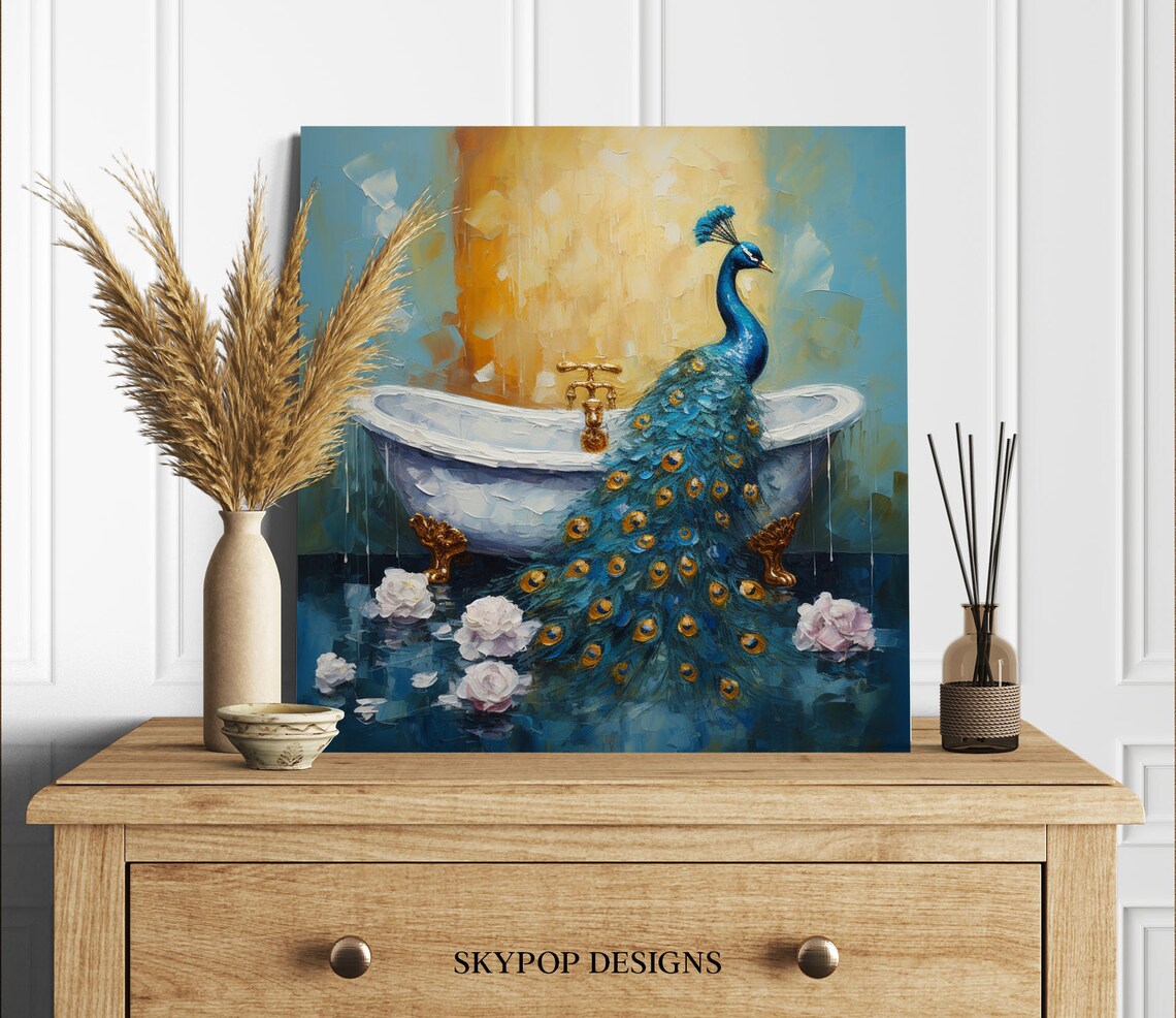 Peacock in Bathtub, Exotic Bathroom Wall Art Print - Image 2