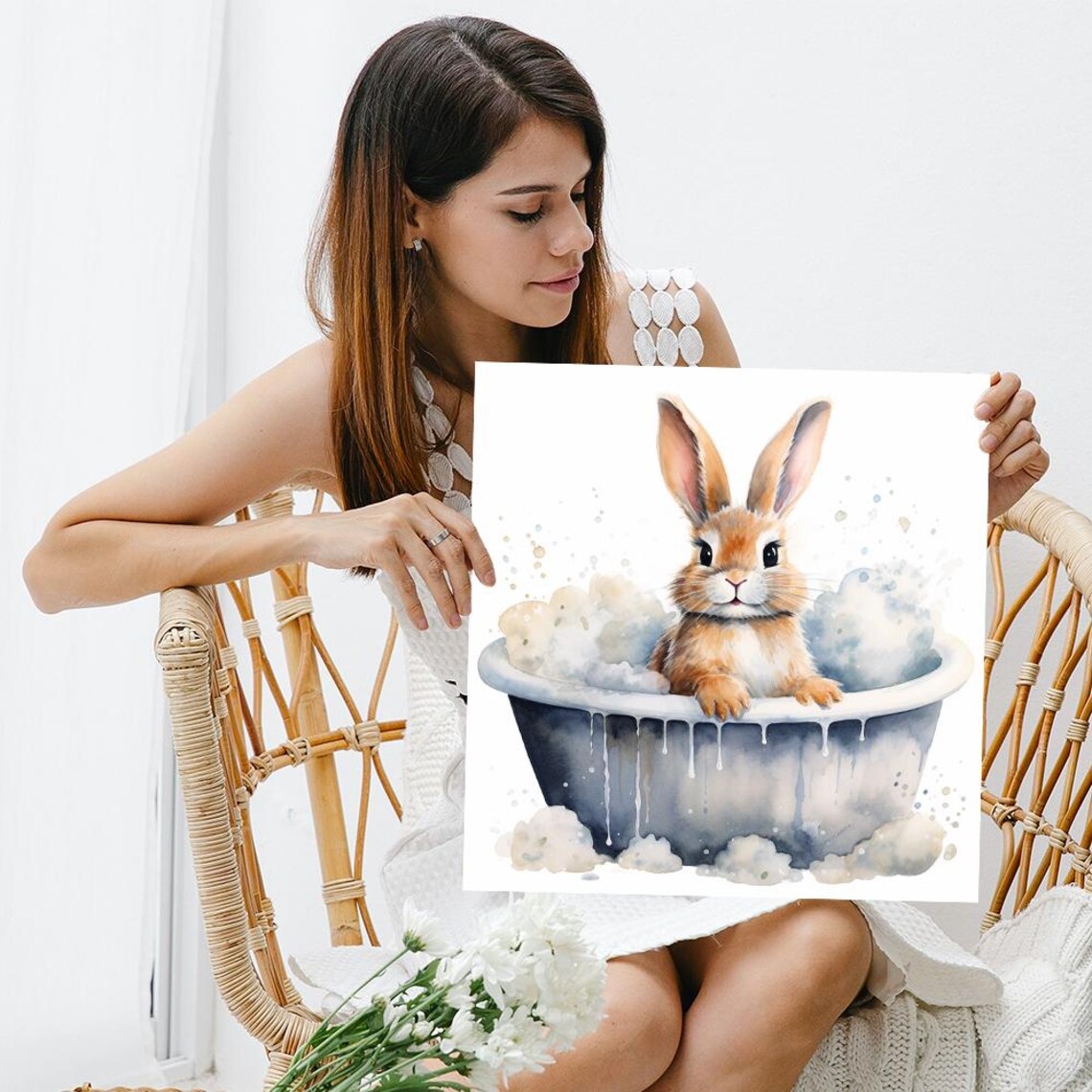 Bathtub Bunny Bliss Watercolor Art Print, Nursery Decor - Image 3