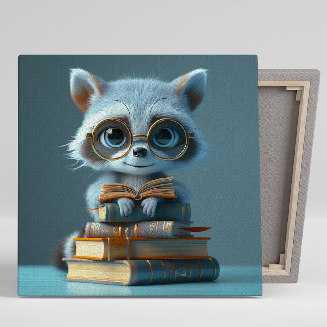 Baby Raccoon With Glasses Reading Books Cute Smart Nursery Wall Poster