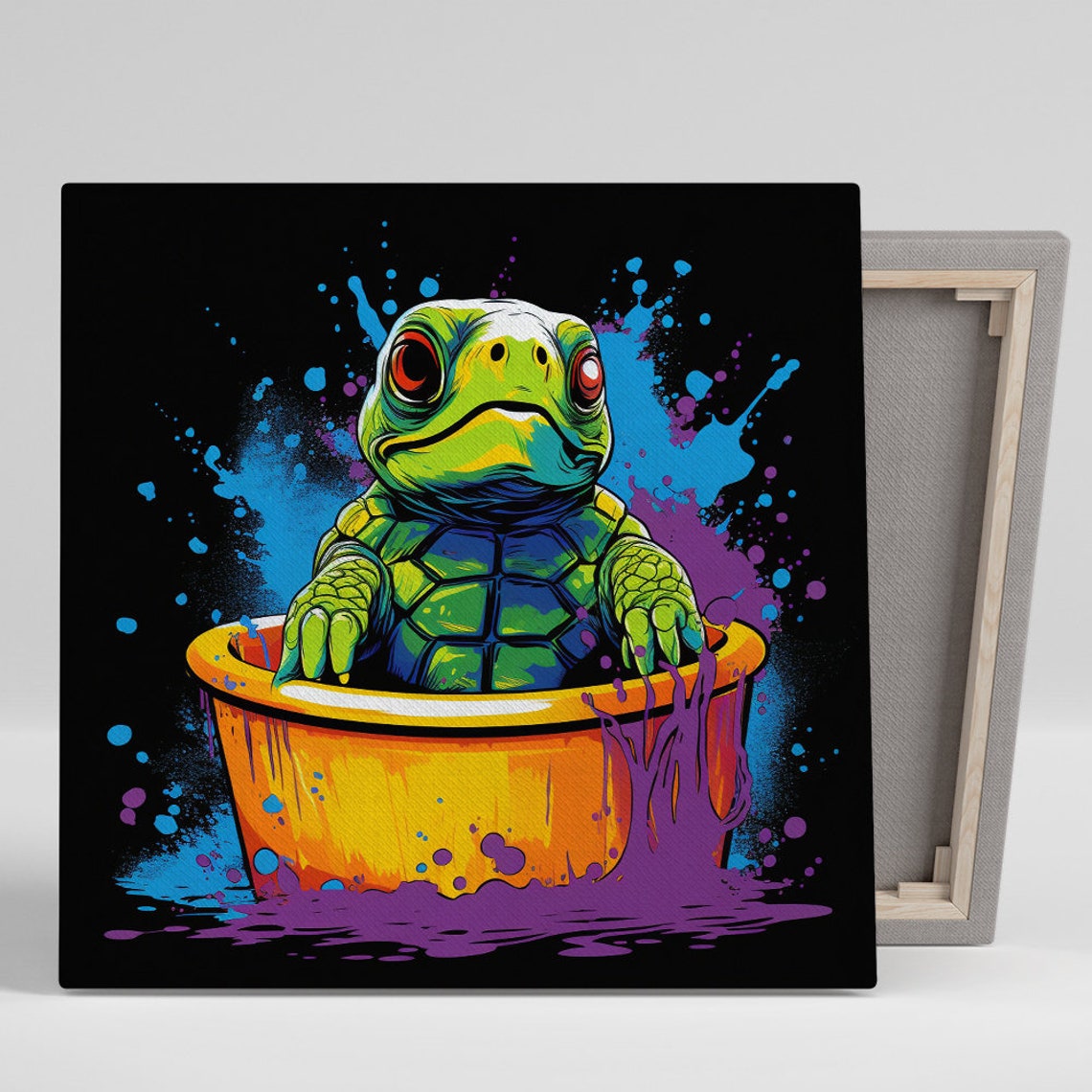 Psychedelic Turtle Orange Bucket Splash Black Wall Art Poster