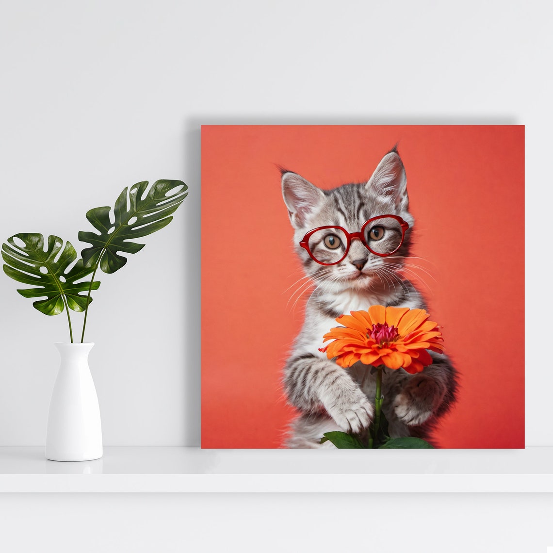 Cute Kitten Red Glasses Orange Flower Playful Pop Art Poster - Image 2