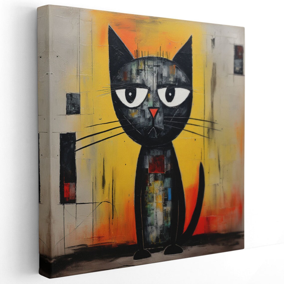 Grumpy Black Cat Long Whiskers Urban Folk Art Painting Pet Lover Poster - Image 2