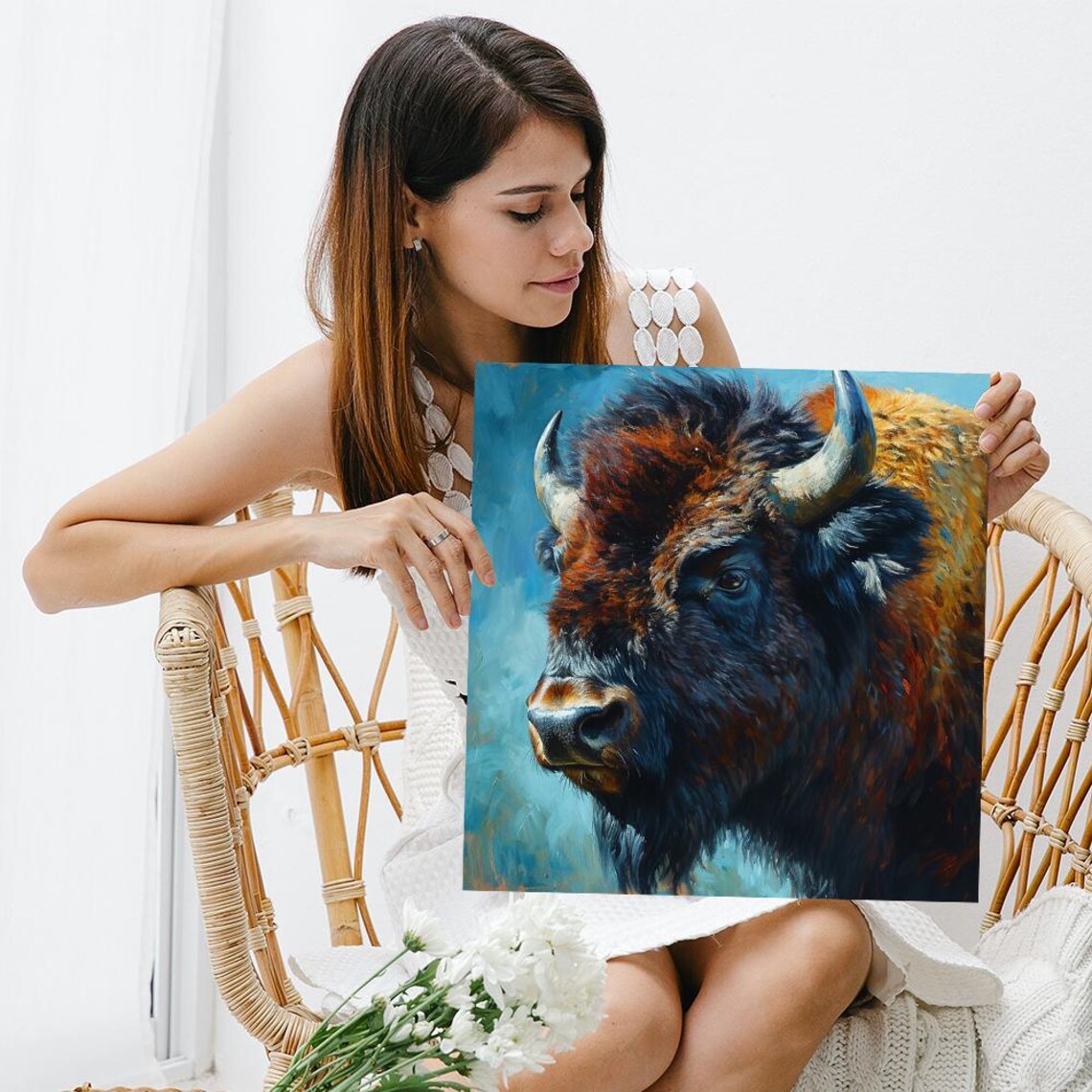 Majestic Bison Oil Painting Portrait Rustic Wildlife Wall Art Poster - Image 3