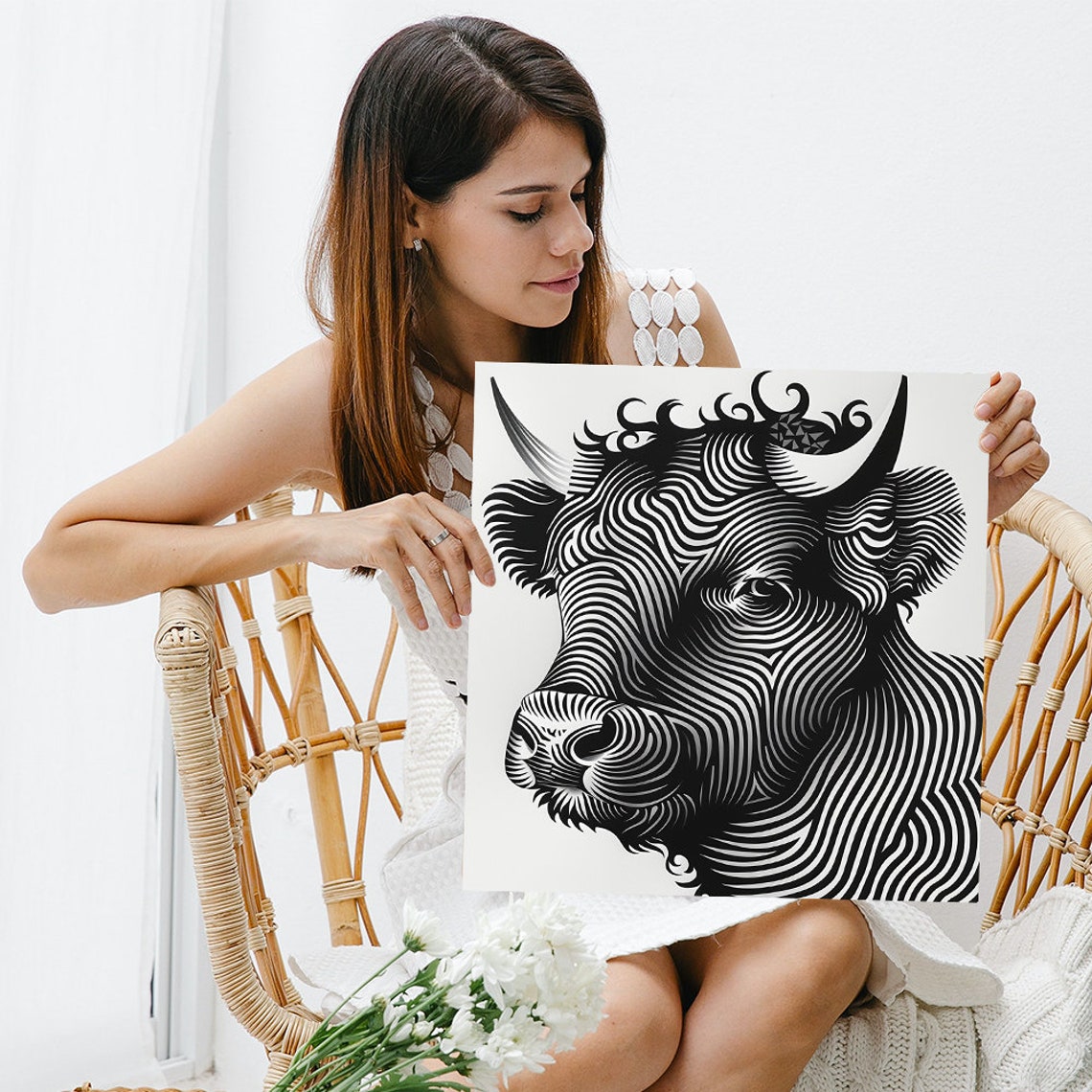 Swirling Line Art Bull Head Monochrome Black White Minimalist Poster - Image 3
