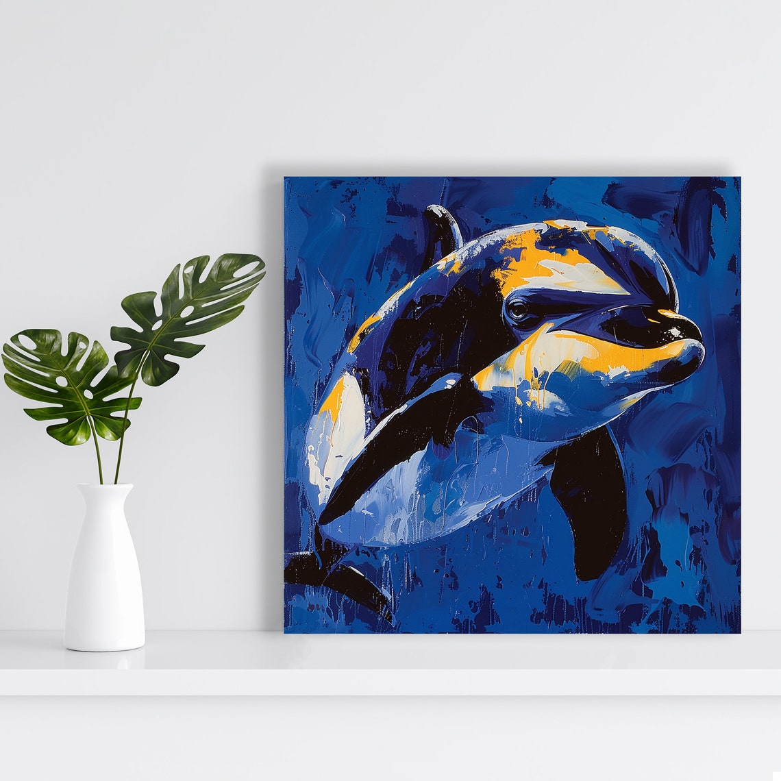 Abstract Blue Dolphin Golden Ocean Brushstroke Art Wall Poster - Image 2