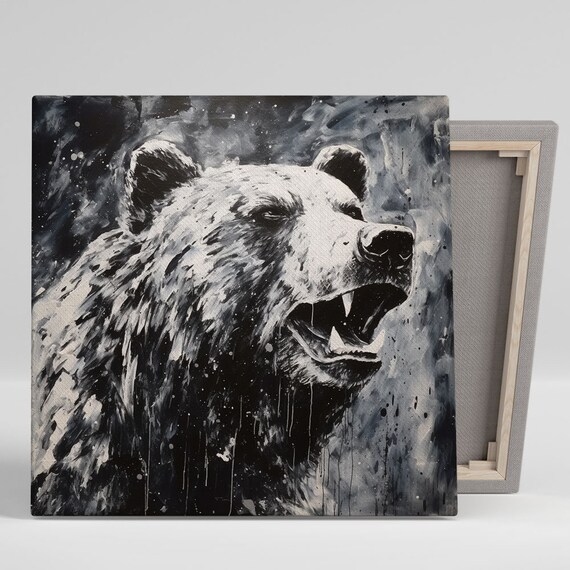Black And White Roaring Bear Side Profile Splash Ink Wildlife Poster