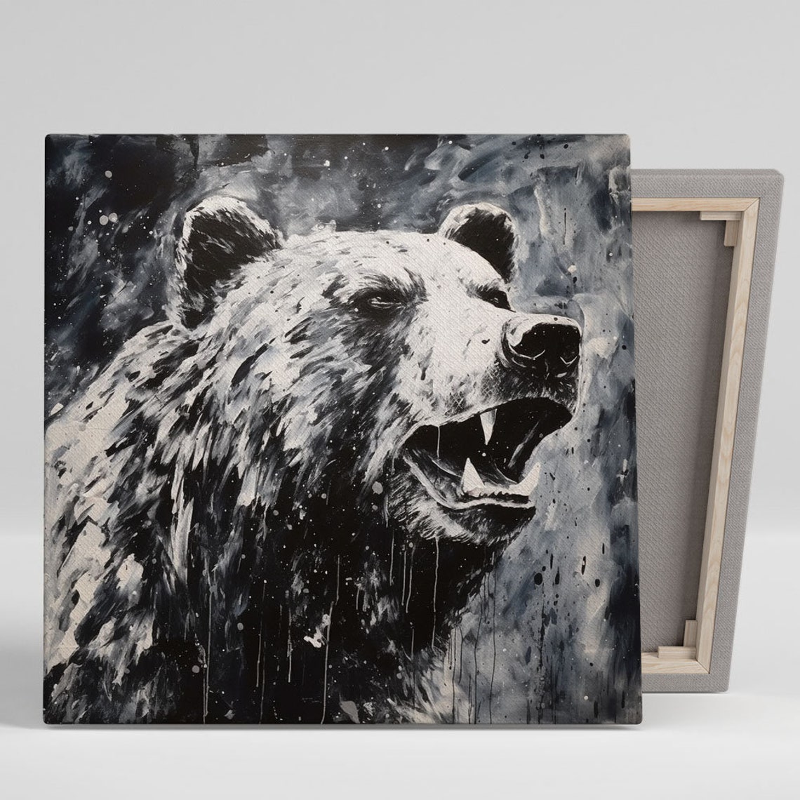 Black And White Roaring Bear Side Profile Splash Ink Wildlife Poster