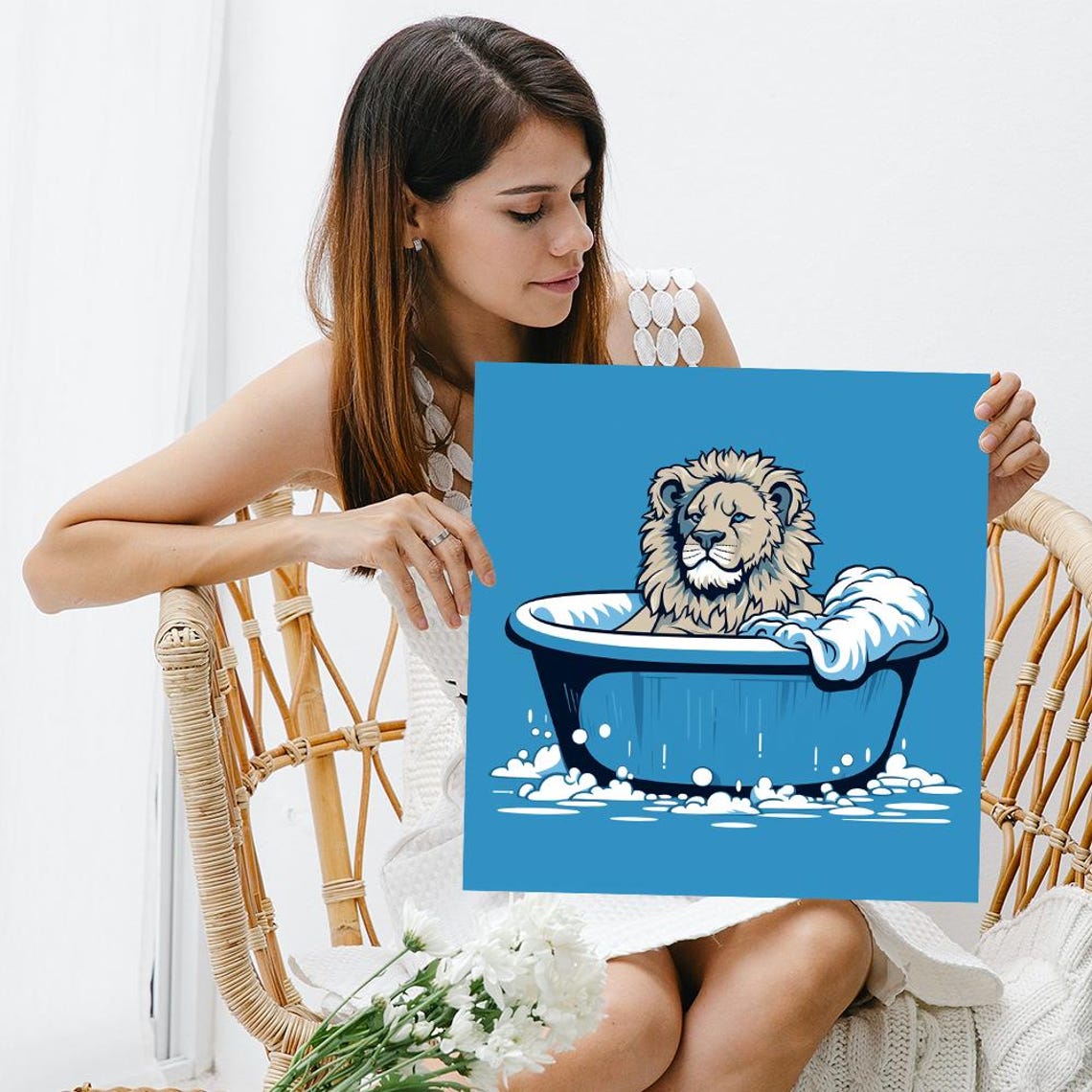 Lion Taking Bubble Bath In Blue Tub Funny Pop Art Bathroom Wall Poster - Image 3