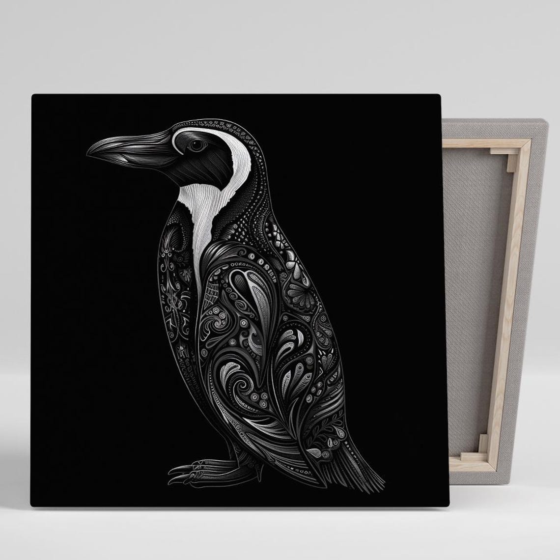 Penguin Silhouette Intricate White Zentangle Pattern Black Wall Poster