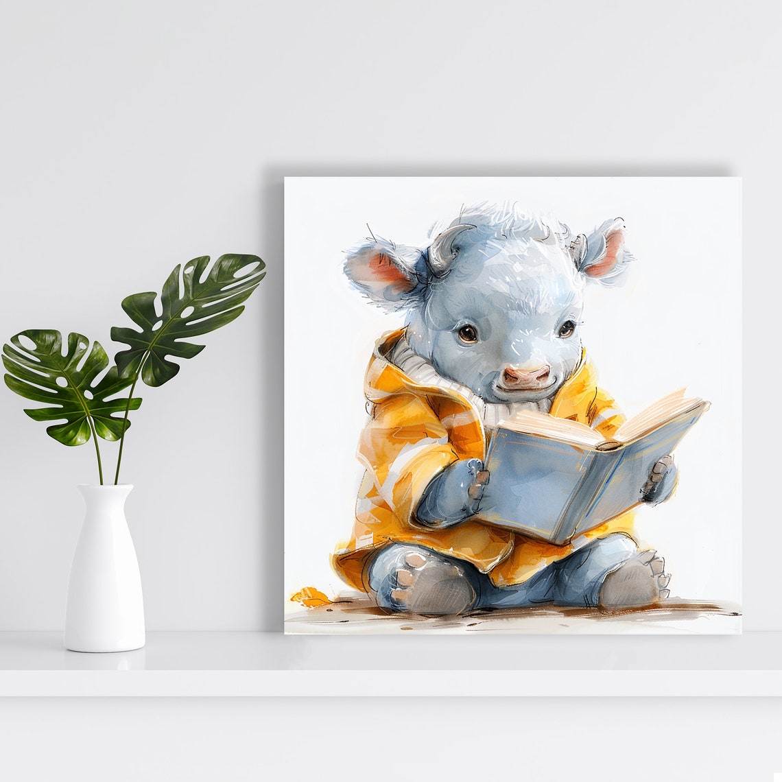 Cute Baby Calf In Yellow Jacket Reading Book Nursery Art Poster - Image 2