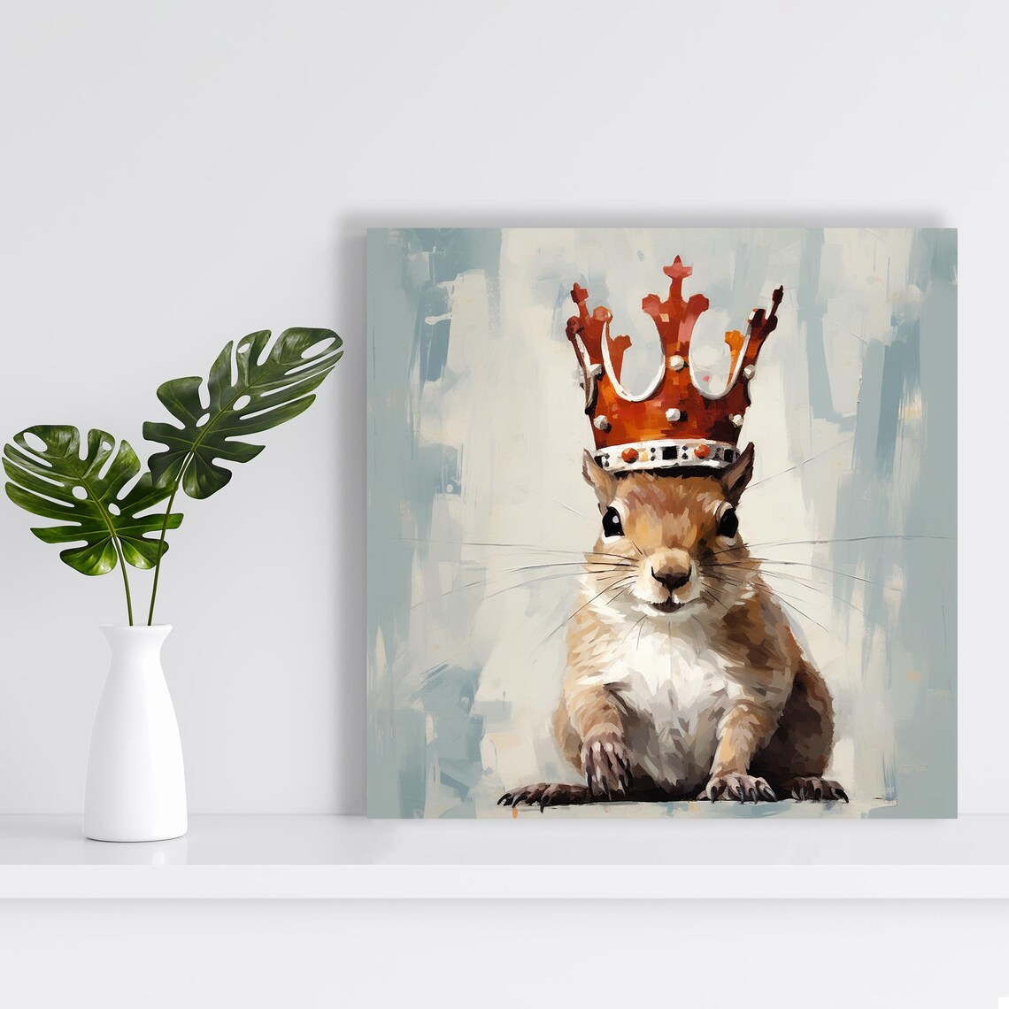 Crowned Squirrel King Portrait Jeweled Crown Watercolor Whimsical Wall Art Print - Image 2