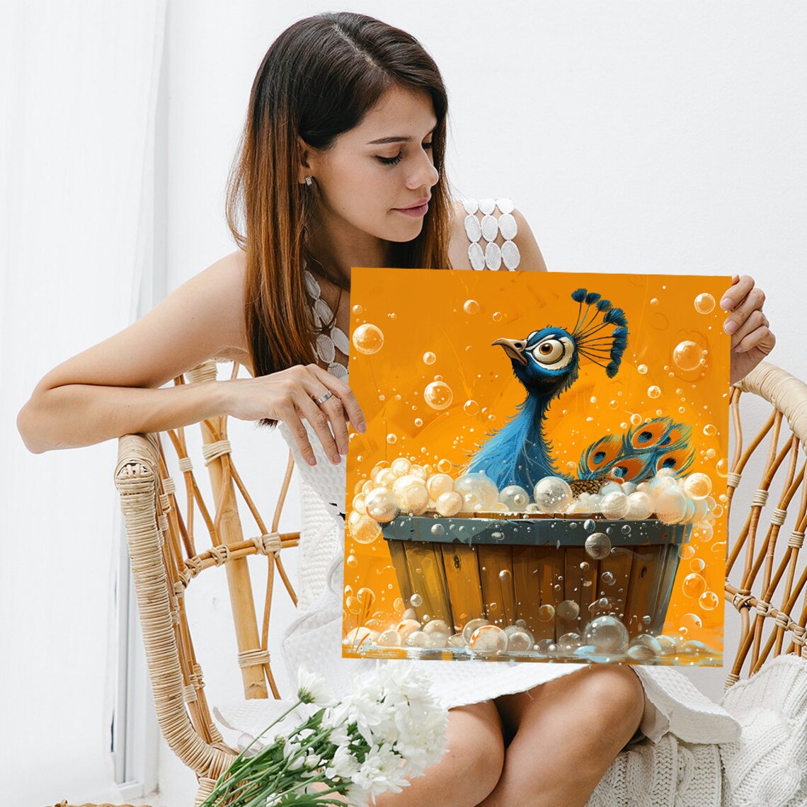 Happy Peacock Bubble Bath Wooden Tub Playful Whimsical Wall Art - Image 3