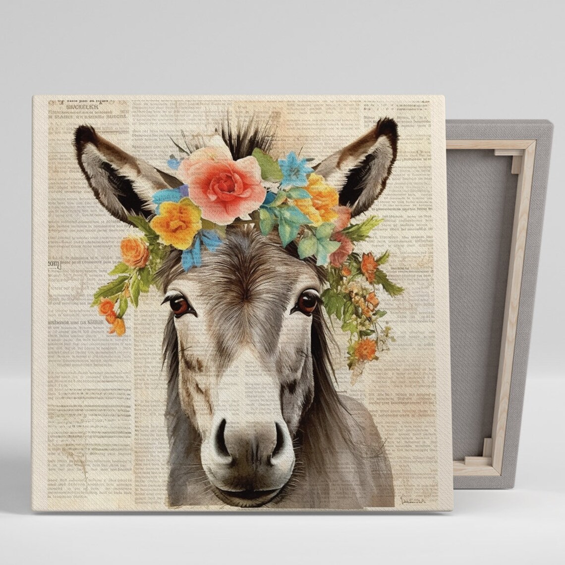 Floral Crowned Donkey Farmhouse Wall Art Print