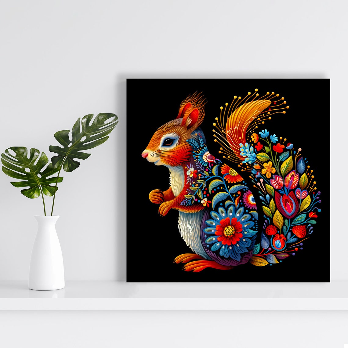 Floral Folk Art Squirrel Colorful Black Background Wall Art Poster - Image 2