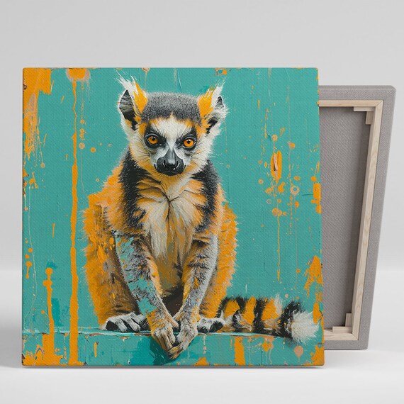 Lemur Splash Art Or Poster Whimsical Animal Decor Living Room Bedroom Office Wall Art Orange Teal Black White Contemporary Print