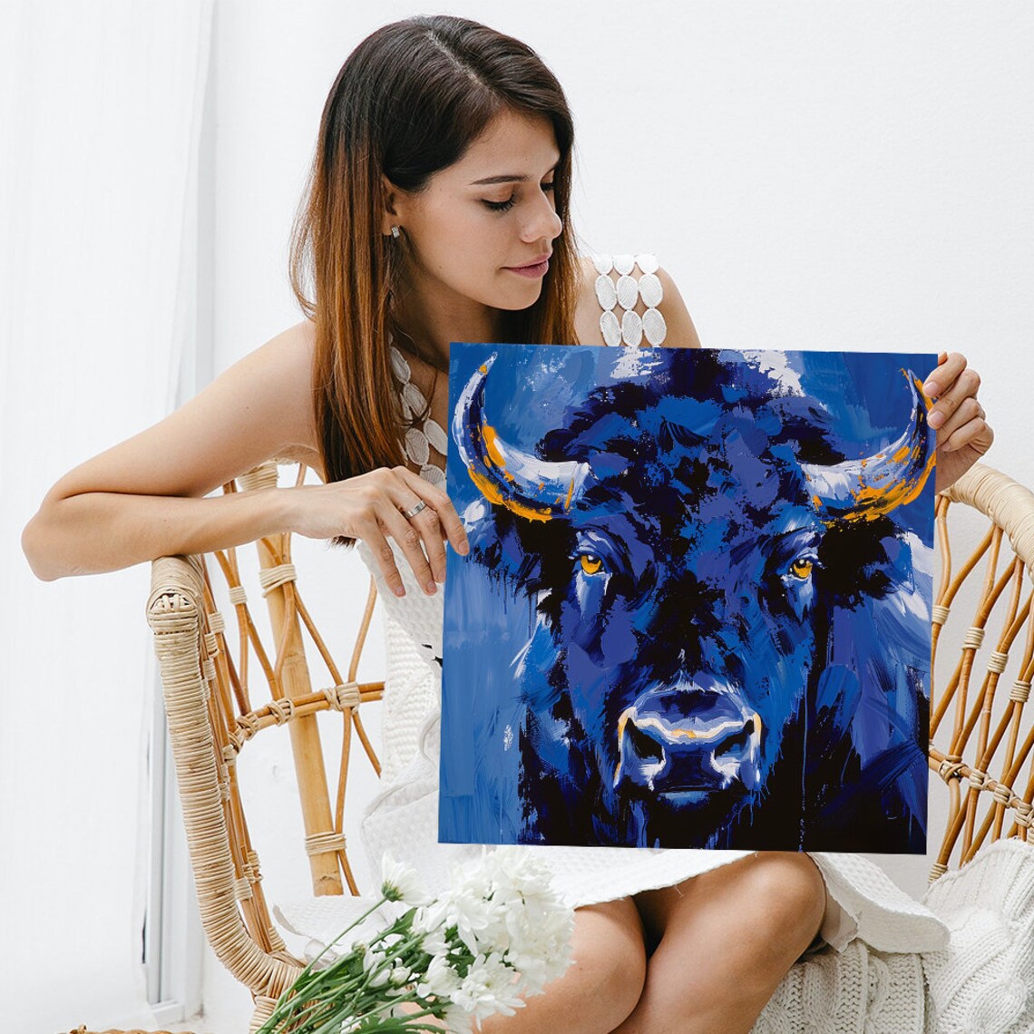 Electric Blue Bull Head Portrait Golden Eyes Bold Modern Animal Poster - Image 3