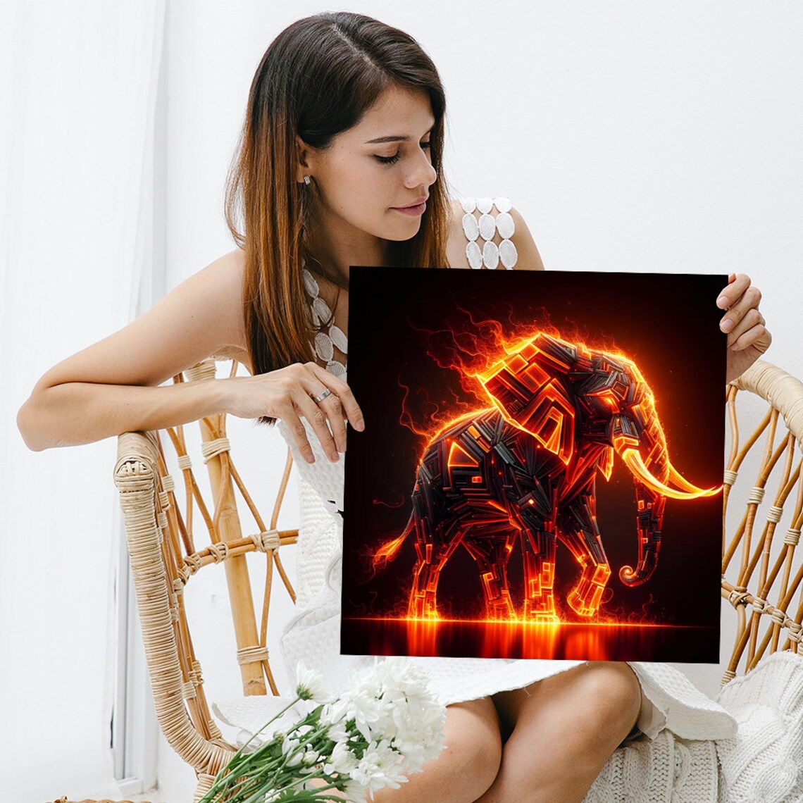 Fiery Geometric Elephant Poster Neon Fire Art Bold Red Black Wall Print - Image 3