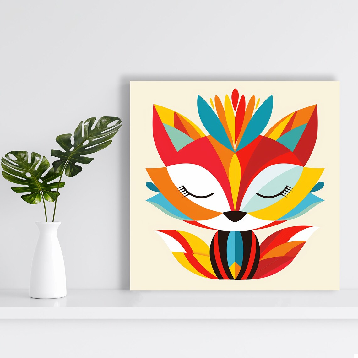 Geometric Fox Face Floral Petals Folk Art Red Orange Teal Wall Poster - Image 2