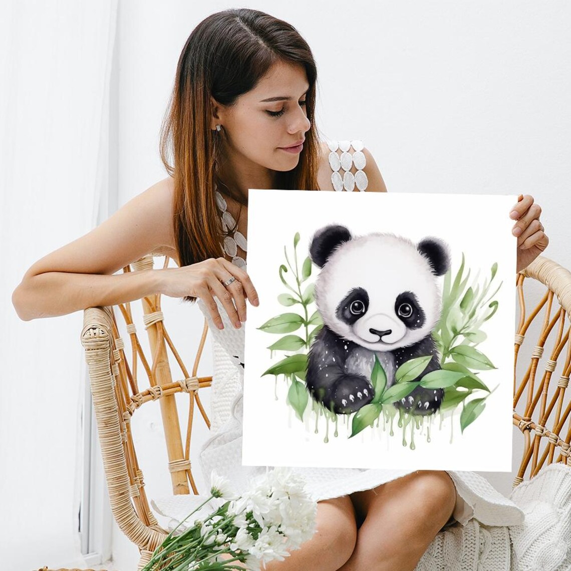 Baby Panda Cub Watercolor With Green Leaves Sweet Nursery Wall Poster - Image 3