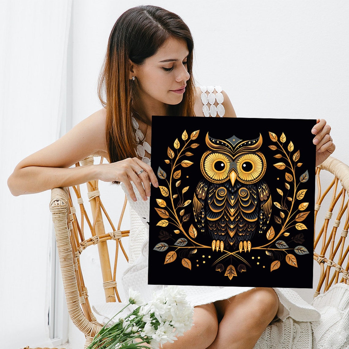 Golden Owl Black Gold Art Deco Elegant Leaf Wreath Bird Poster - Image 3