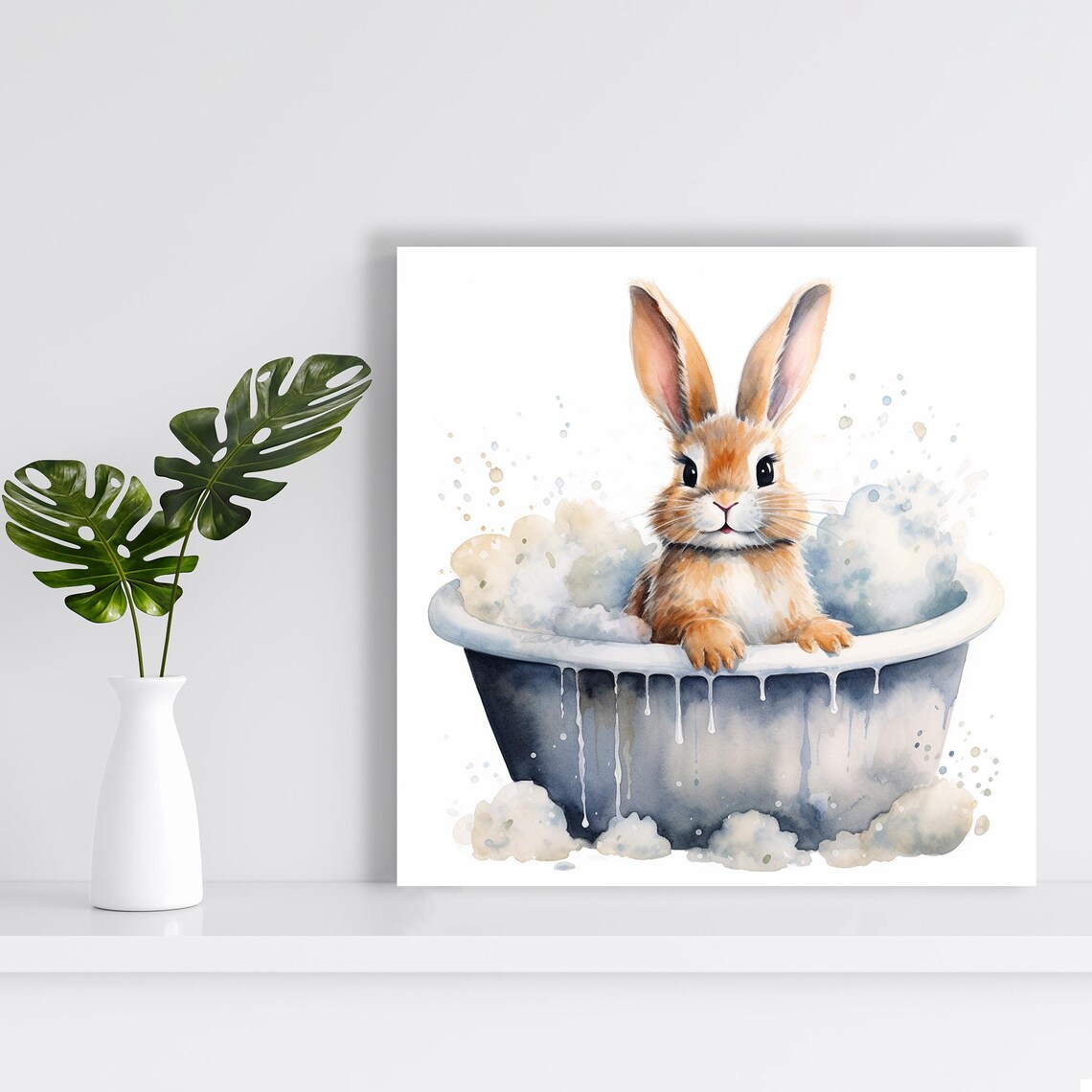 Bathtub Bunny Bliss Watercolor Art Print, Nursery Decor - Image 2