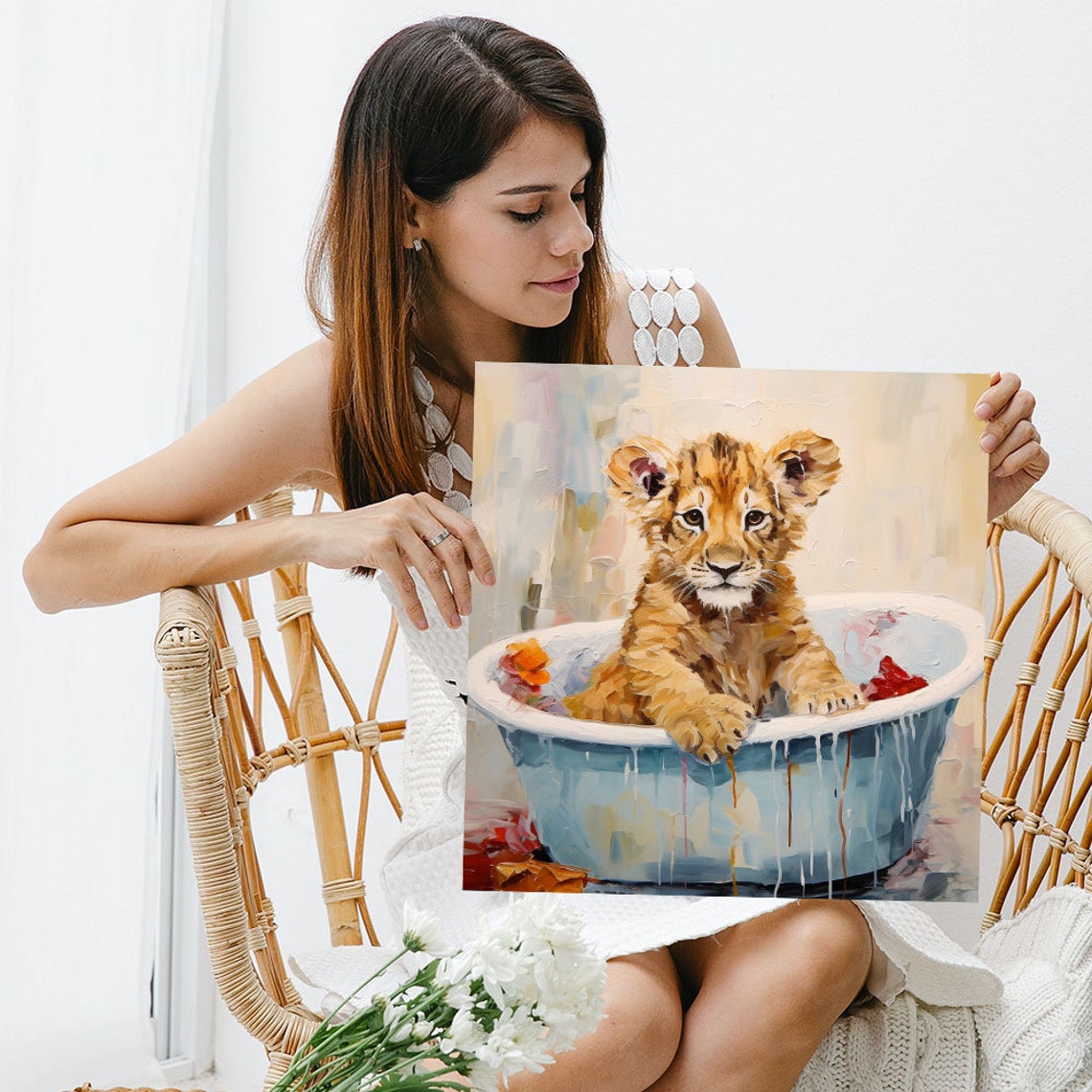 Cute Lion Cub In Blue Bathtub Painterly Baby Animal Nursery Poster - Image 5