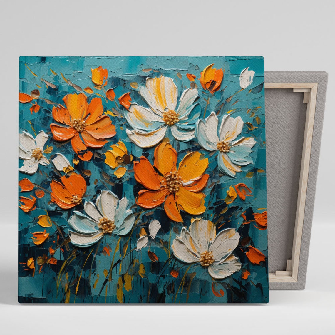 Orange White Flowers Teal Textured Palette Knife Floral Impasto Poster
