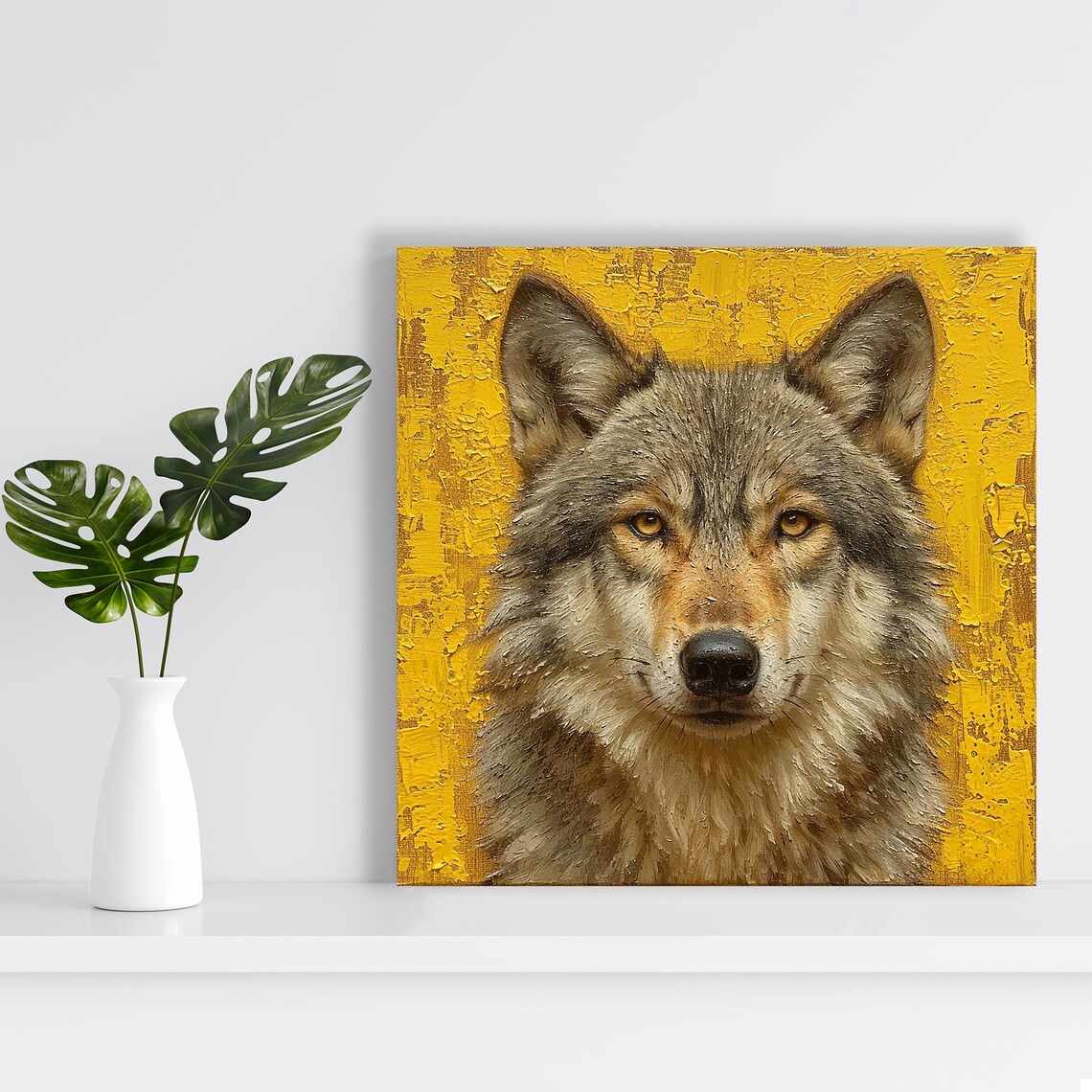 Majestic Wolf Portrait Golden Yellow Oil Painting Rustic Wildlife Poster - Image 2