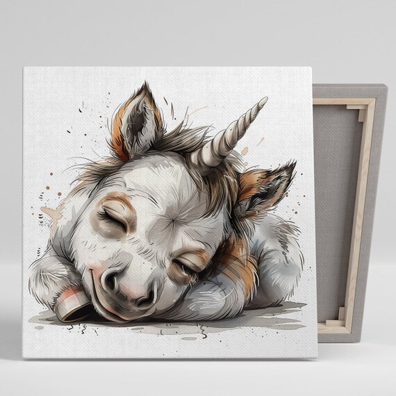 Sleeping Baby Unicorn Peaceful Sketch Soft Neutral Nursery Wall Art